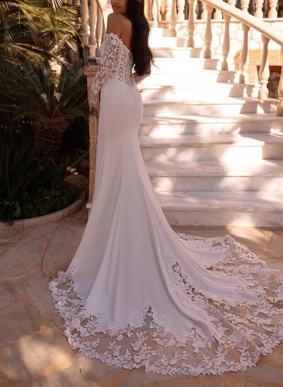 Trumpet/Mermaid Off-The-Shoulder Long Sleeves Court Train Elastic Satin Wedding Dresses