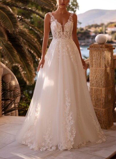 A-Line Plunge Neck Sleeveless Court Train Wedding Dresses With Appliques Lace