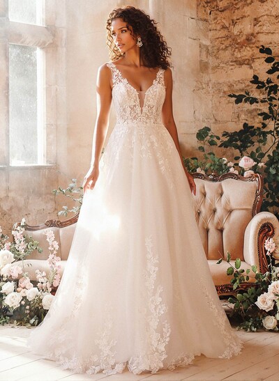 A-Line Plunge Neck Sleeveless Court Train Wedding Dresses With Appliques Lace
