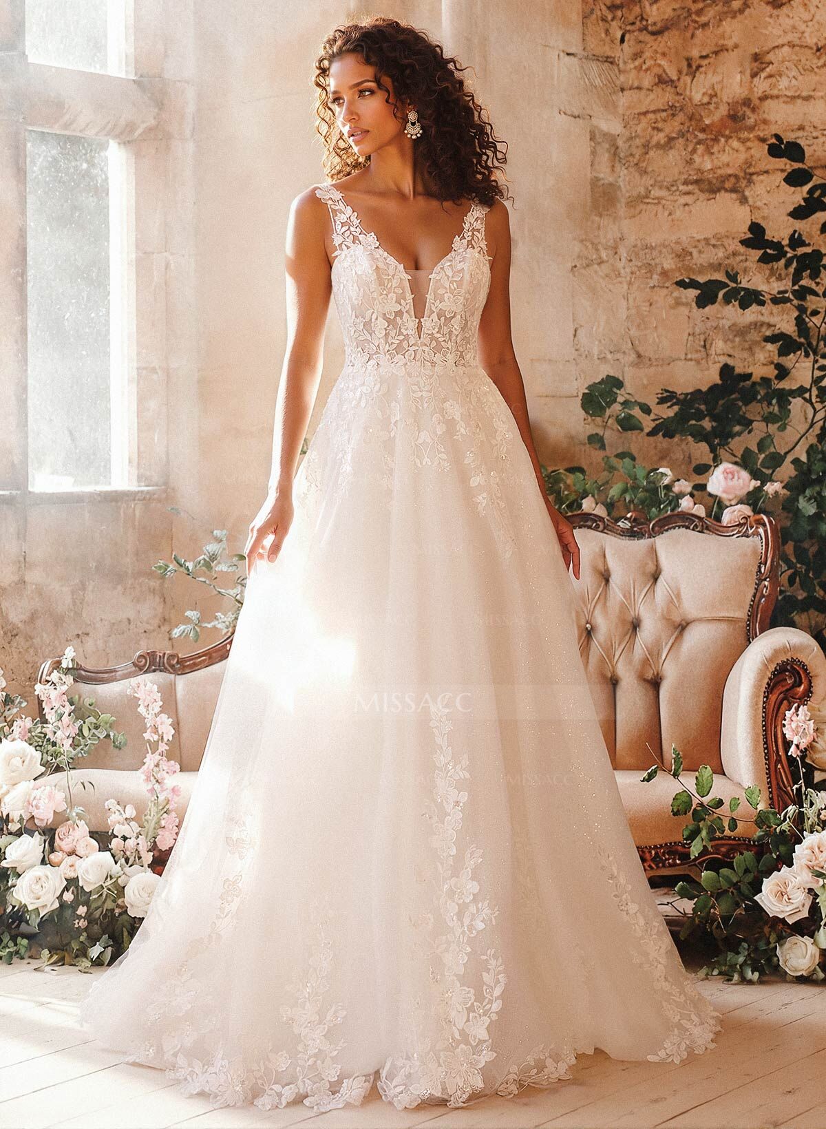 A-Line Plunge Neck Sleeveless Court Train Wedding Dresses With Appliques Lace
