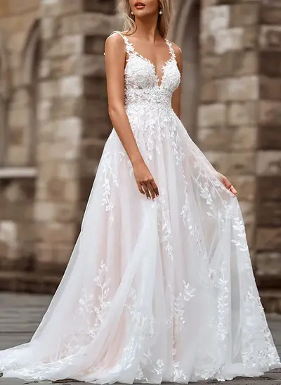 Elegant V-Neck Regular Straps A-Line Sweep Train Lace/Tulle Wedding Dresses
