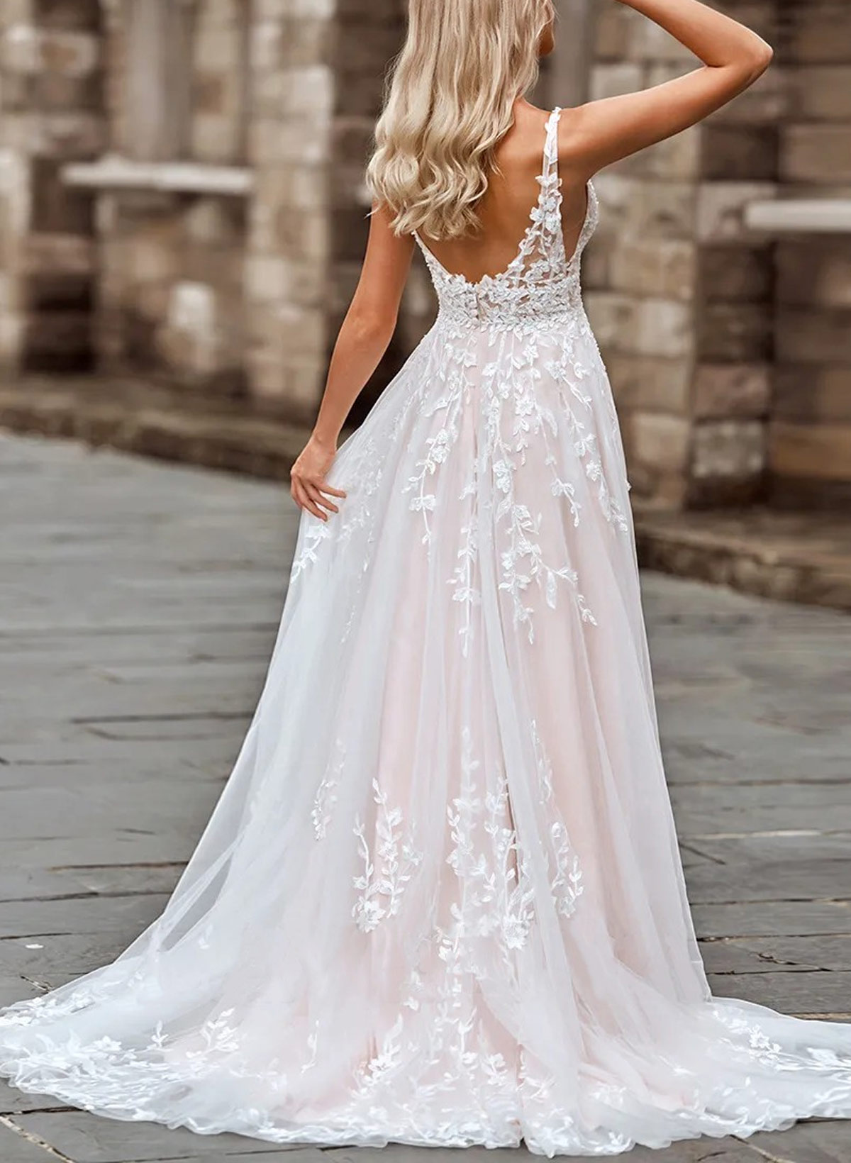 Elegant V-Neck Regular Straps A-Line Sweep Train Lace/Tulle Wedding Dresses