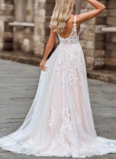 Elegant V-Neck Regular Straps A-Line Sweep Train Lace/Tulle Wedding Dresses