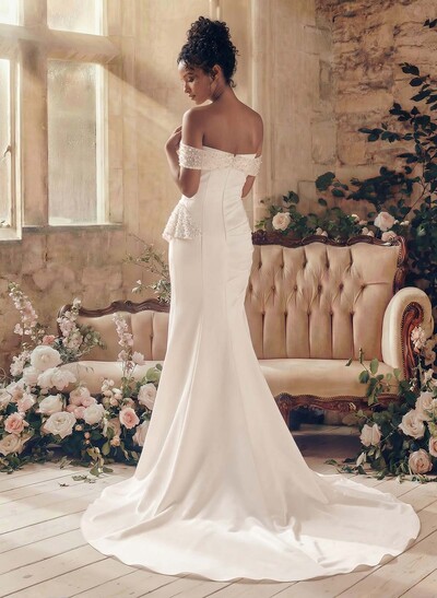 Elegant Off-The-Shoulder/Sweetheart Mermaid Sweep Train Matte Satin Wedding Dresses With Beading/High Split