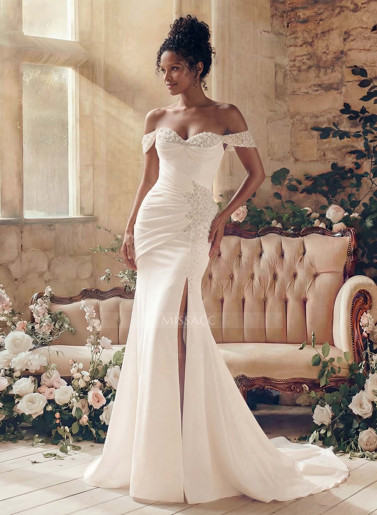 Elegant Off-The-Shoulder/Sweetheart Mermaid Sweep Train Matte Satin Wedding Dresses With Beading/High Split