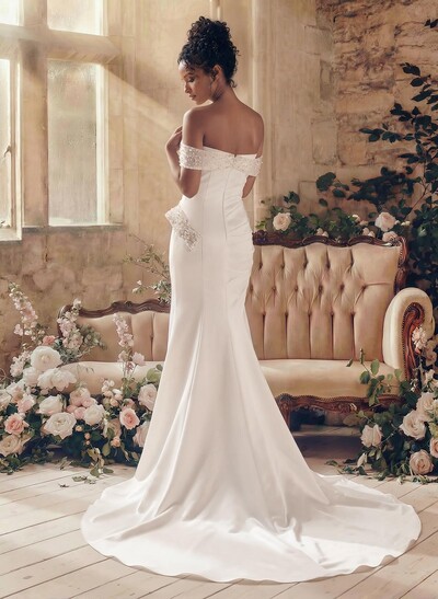 Elegant Off-The-Shoulder/Sweetheart Mermaid Sweep Train Matte Satin Wedding Dresses With Beading/High Split