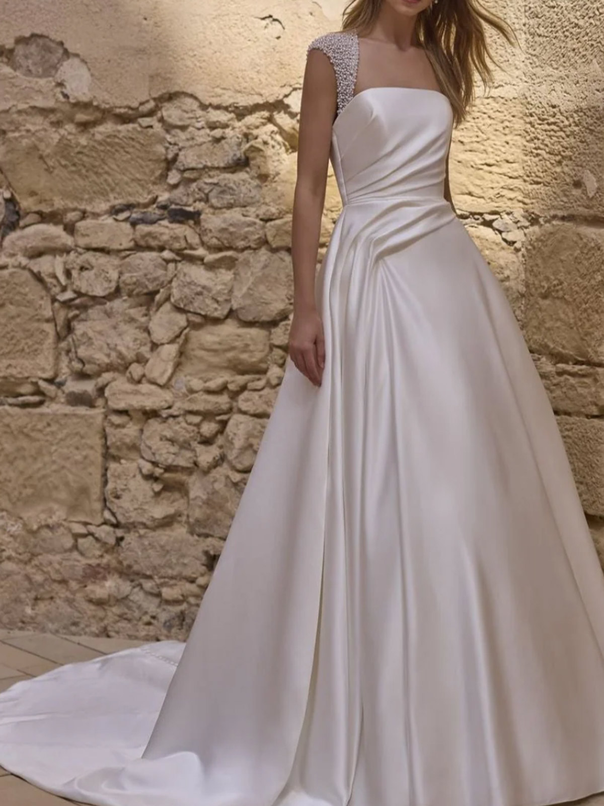 A-Line Square Neckline Short Sleeves Court Train Matte Satin Wedding Dresses With Ruffle Beading