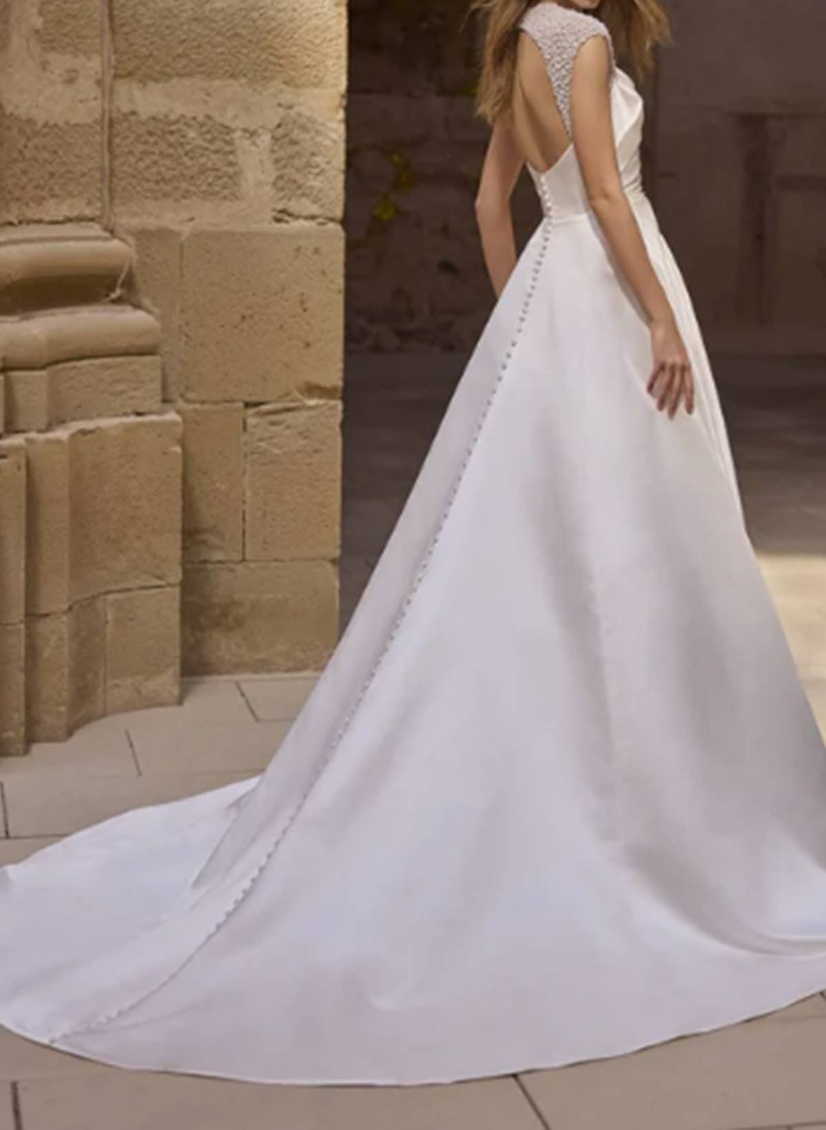A-Line Square Neckline Short Sleeves Court Train Matte Satin Wedding Dresses With Ruffle Beading