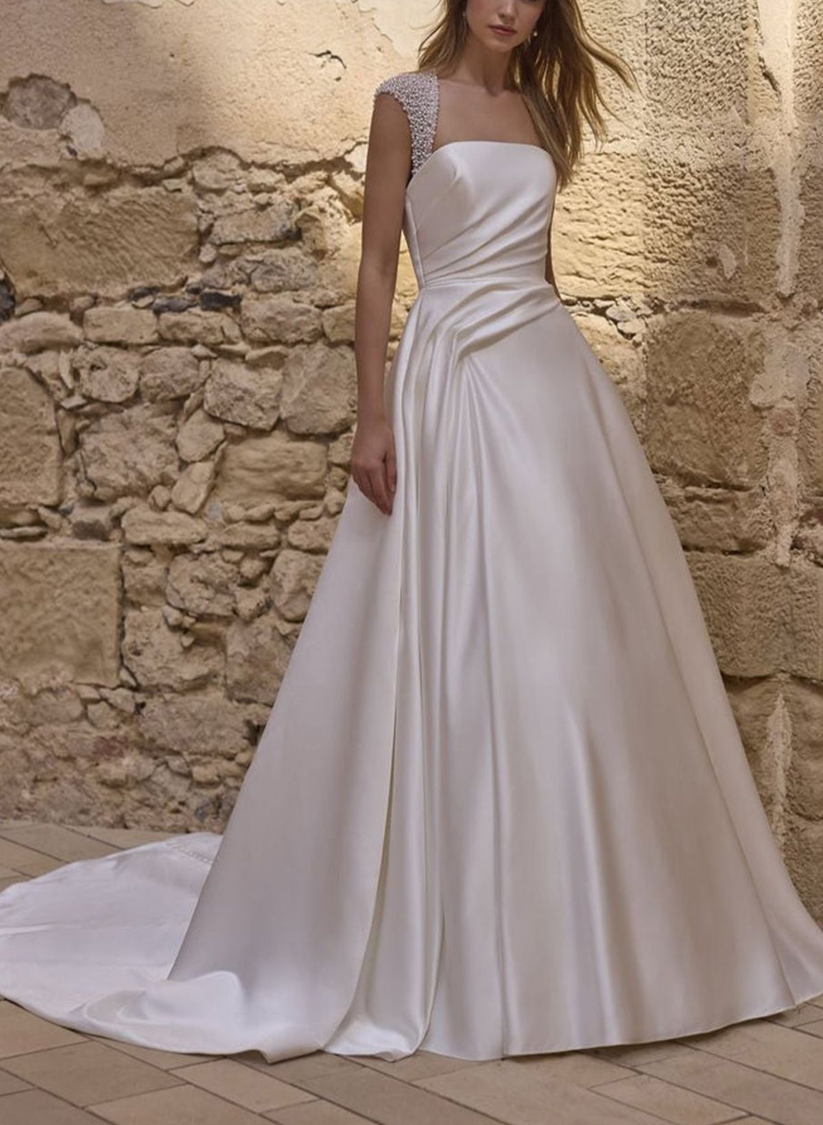 A-Line Square Neckline Short Sleeves Court Train Matte Satin Wedding Dresses With Ruffle Beading