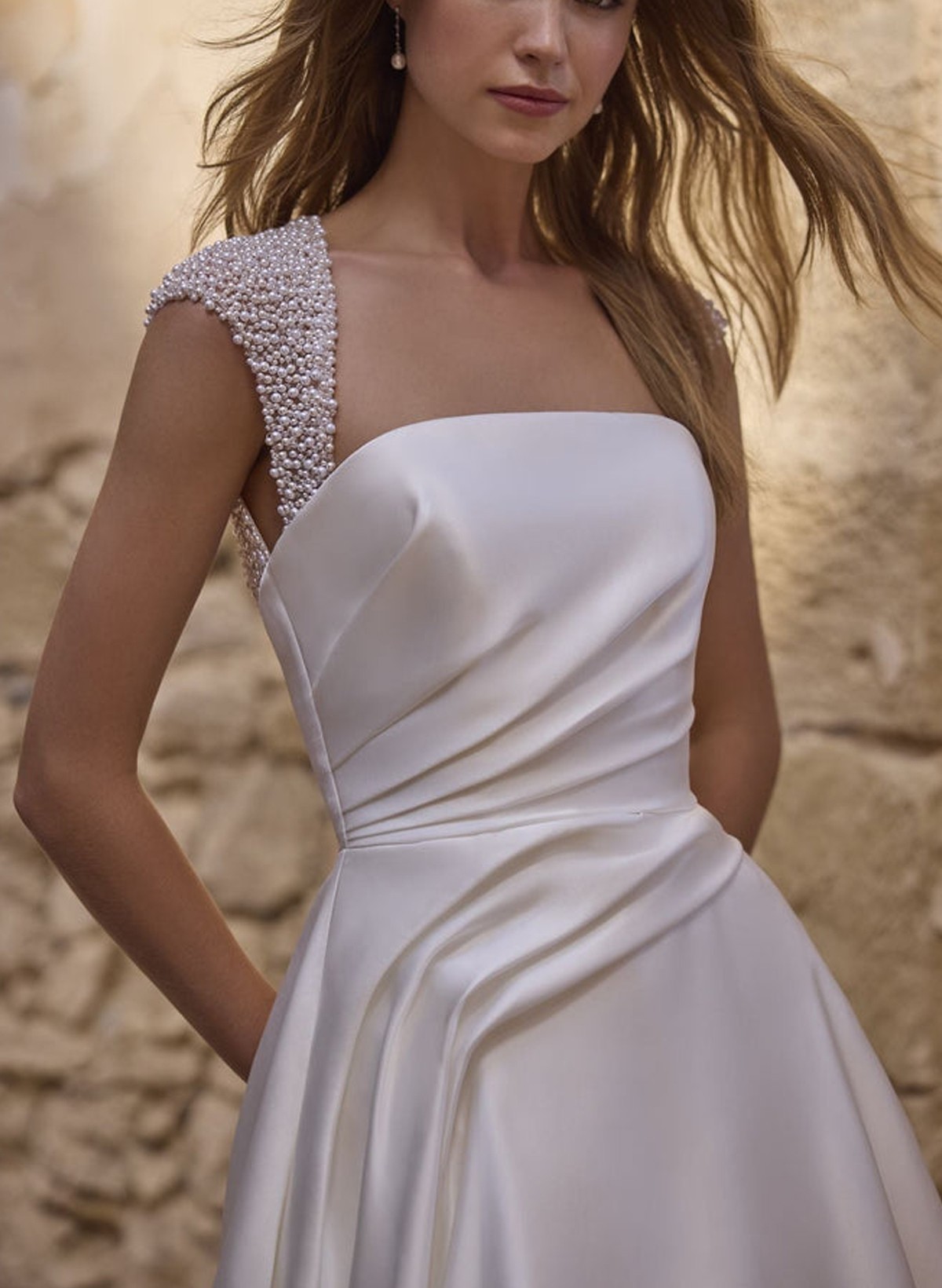 A-Line Square Neckline Short Sleeves Court Train Matte Satin Wedding Dresses With Ruffle Beading