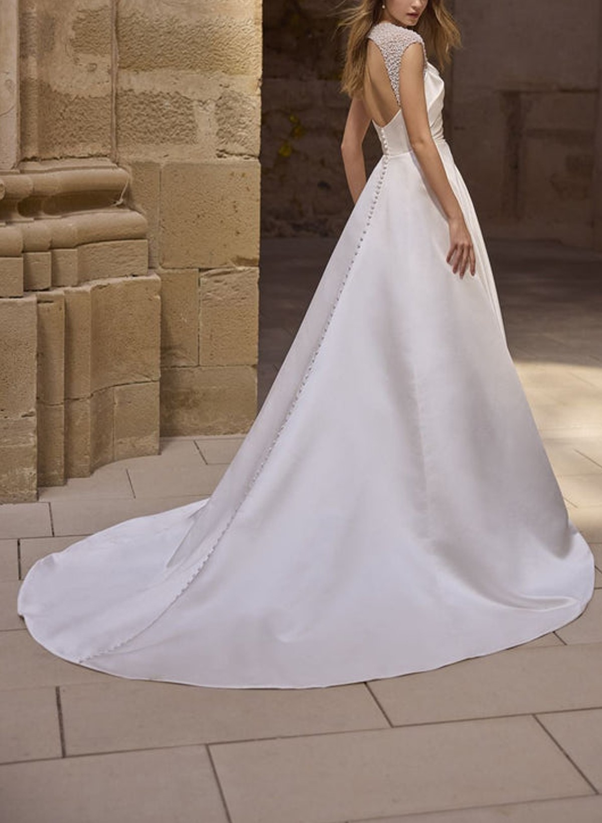 A-Line Square Neckline Short Sleeves Court Train Matte Satin Wedding Dresses With Ruffle Beading