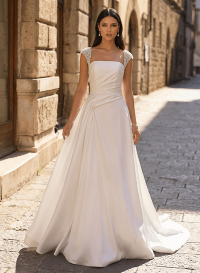 A-Line Square Neckline Short Sleeves Court Train Matte Satin Wedding Dresses With Ruffle Beading