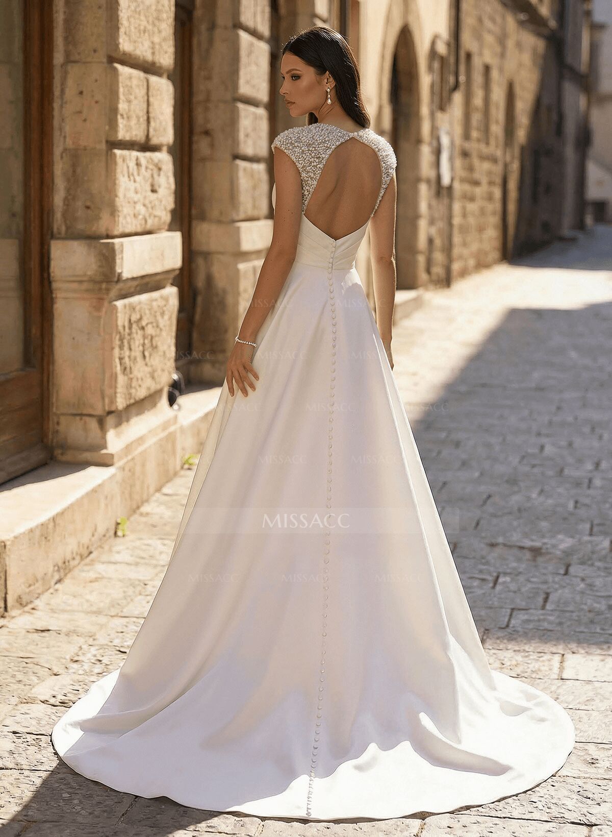 A-Line Square Neckline Short Sleeves Court Train Matte Satin Wedding Dresses With Ruffle Beading