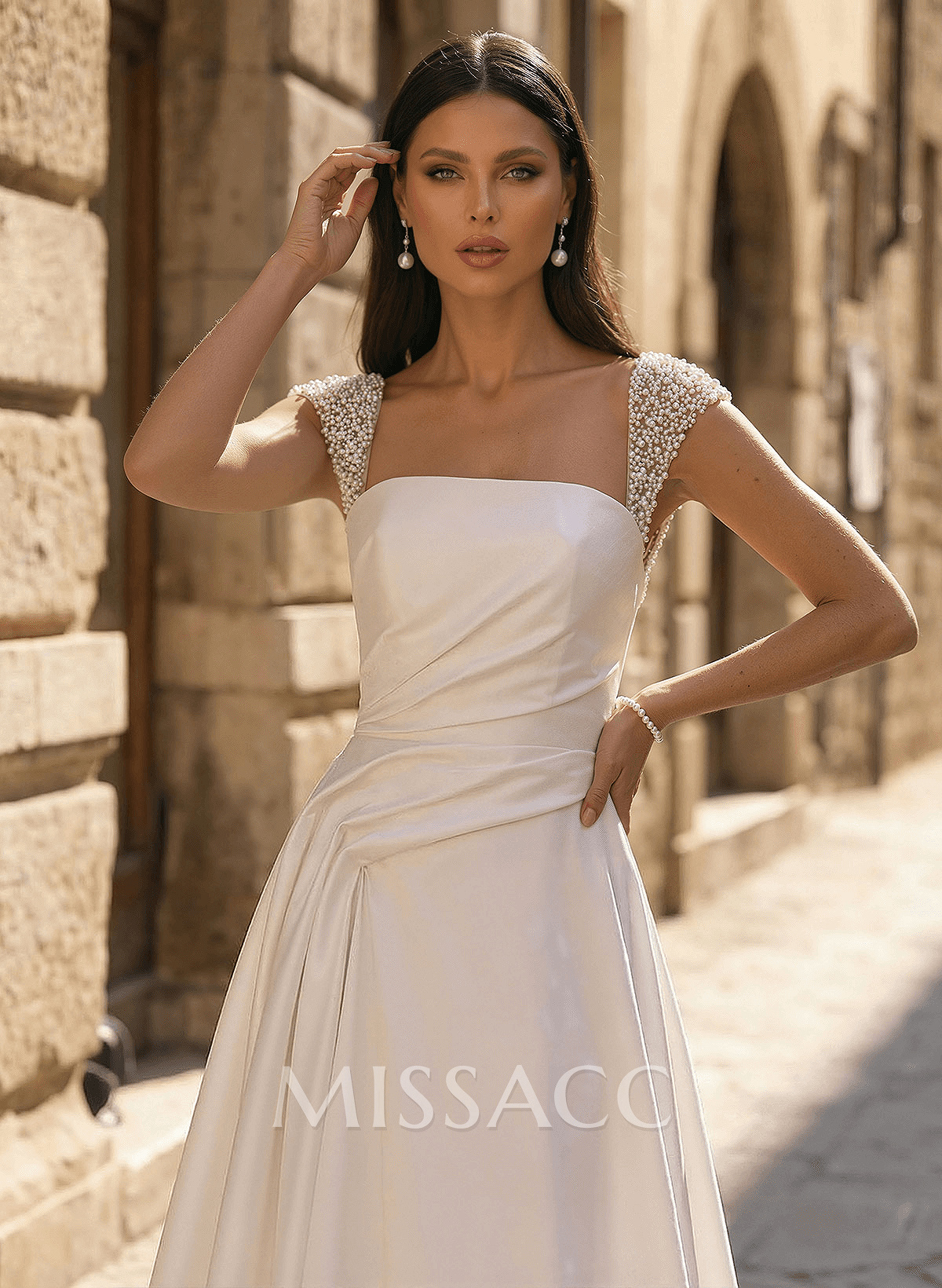 A-Line Square Neckline Short Sleeves Court Train Matte Satin Wedding Dresses With Ruffle Beading A-Line Square Neckline Short Sleeves Court Train Matte Satin Wedding Dresses With Ruffle Beading