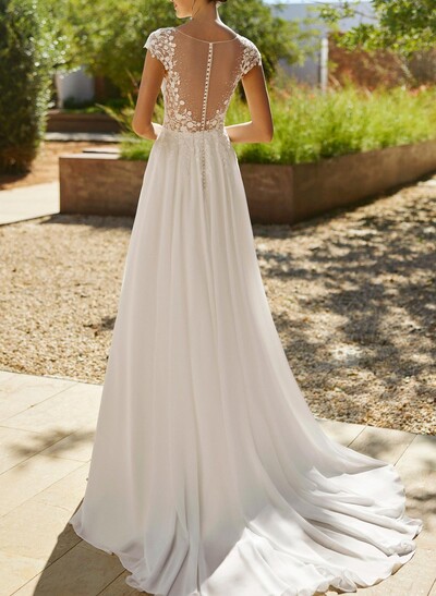 Elegant Illusion Neck Short Sleeves Sweep A-Line Train Chiffon Wedding Dresses With Appliques Lace/High Split