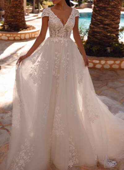 A-Line V-Neck Short Sleeves Chapel Train Satin Tulle Wedding Dresses With Appliques Lace