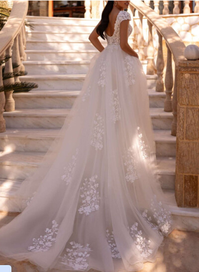 A-Line V-Neck Short Sleeves Chapel Train Satin Tulle Wedding Dresses With Appliques Lace