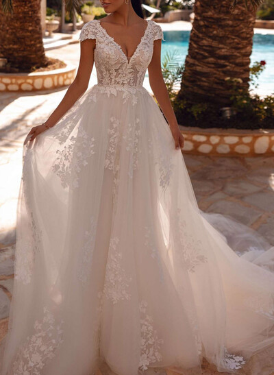 A-Line V-Neck Short Sleeves Chapel Train Satin Tulle Wedding Dresses With Appliques Lace