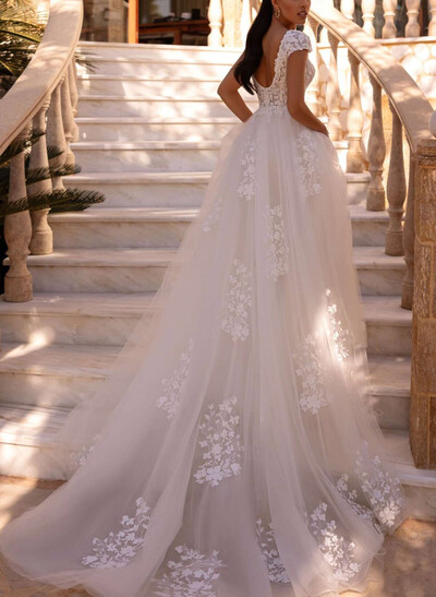 A-Line V-Neck Short Sleeves Chapel Train Satin Tulle Wedding Dresses With Appliques Lace