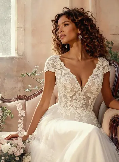 Ball-Gown V-Neck Short Sleeves Chapel Train Satin Tulle Wedding Dresses With Appliques Lace