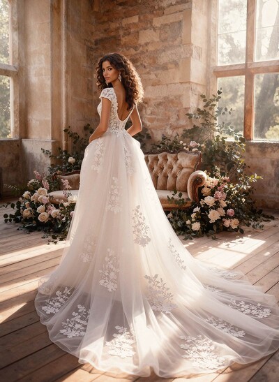 A-Line V-Neck Short Sleeves Chapel Train Satin Tulle Wedding Dresses With Appliques Lace