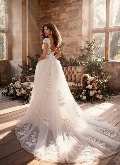 Ball-Gown V-Neck Short Sleeves Chapel Train Satin Tulle Wedding Dresses With Appliques Lace