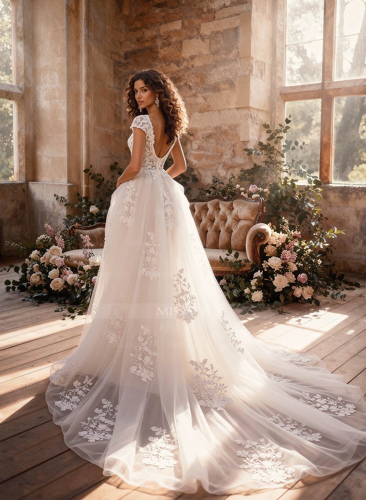 A-Line V-Neck Short Sleeves Chapel Train Satin Tulle Wedding Dresses With Appliques Lace