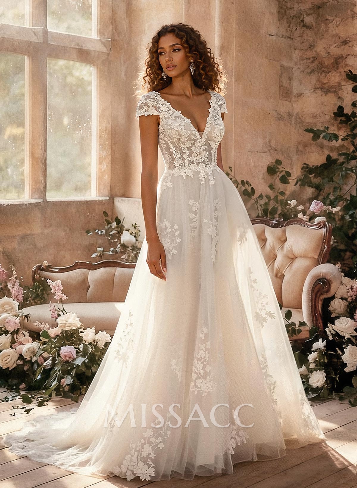 A-Line V-Neck Short Sleeves Chapel Train Satin Tulle Wedding Dresses With Appliques Lace A-Line V-Neck Short Sleeves Chapel Train Satin Tulle Wedding Dresses With Appliques Lace