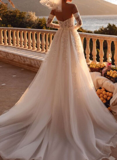 A-Line Sweetheart Sleeveless Court Train Satin Wedding Dresses With Appliques Lace Flower(s)