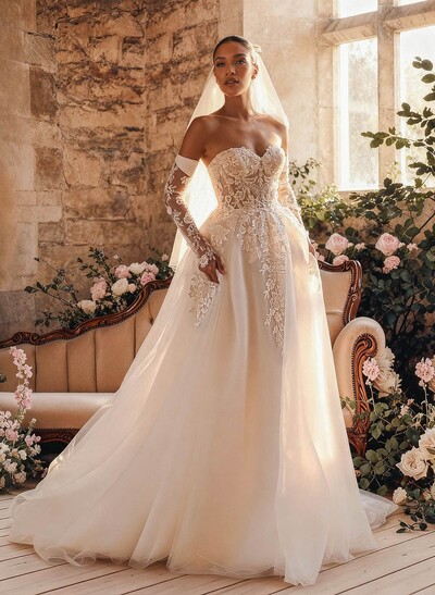 A-Line Sweetheart Sleeveless Court Train Satin Wedding Dresses With Appliques Lace Flower(s)