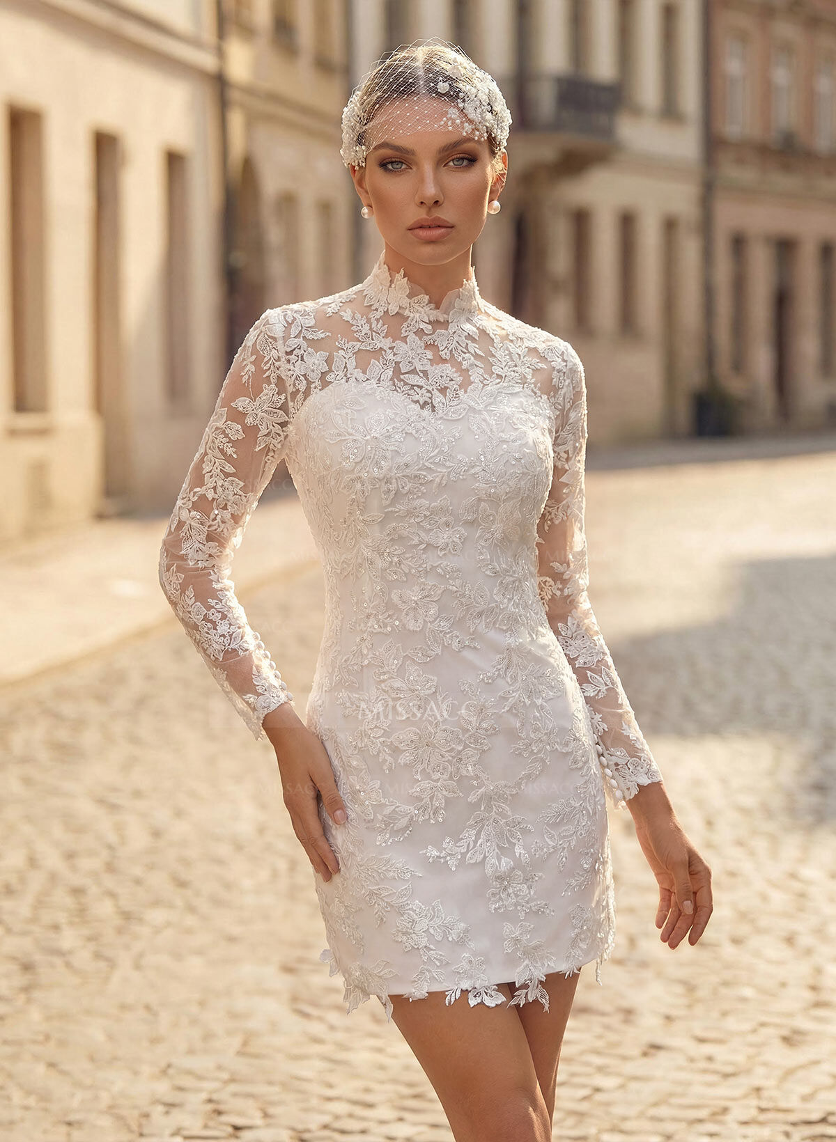 A-Line Sweetheart Illusion Neck Long Sleeves Short Mini Elastic Satin Wedding Dresses With Appliques Lace
