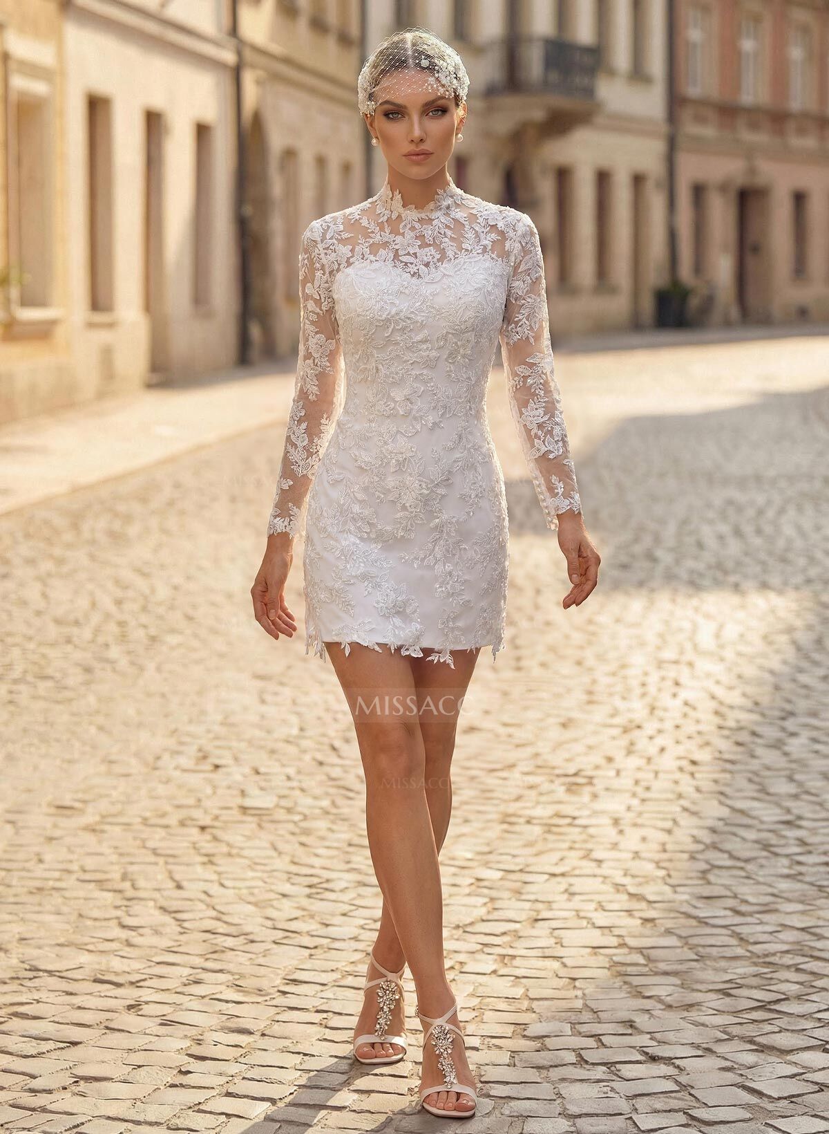 A-Line Sweetheart Illusion Neck Long Sleeves Short Mini Elastic Satin Wedding Dresses With Appliques Lace