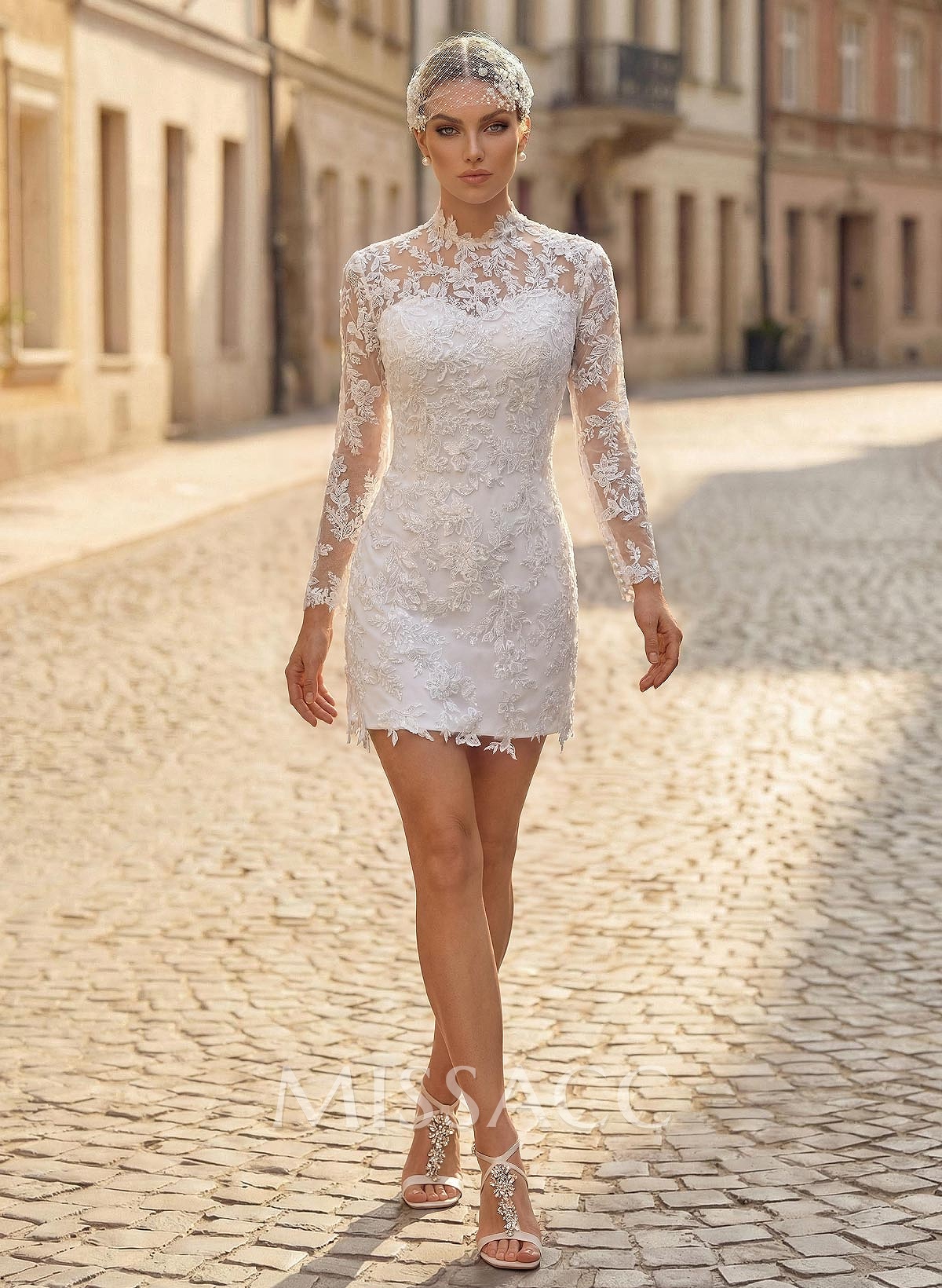 A-Line Sweetheart Illusion Neck Long Sleeves Short Mini Elastic Satin Wedding Dresses With Appliques Lace A-Line Sweetheart Illusion Neck Long Sleeves Short Mini Elastic Satin Wedding Dresses With Appliques Lace