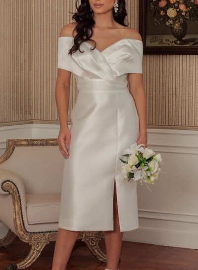 Sheath Column Sweetheart Sleeveless Knee-Length Satin Wedding Dresses With