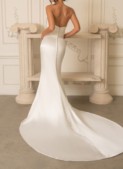 Trumpet Mermaid Sweetheart Detachable Sleeves Chapel Train Soft Satin Wedding Dresses With Pleated High Split
