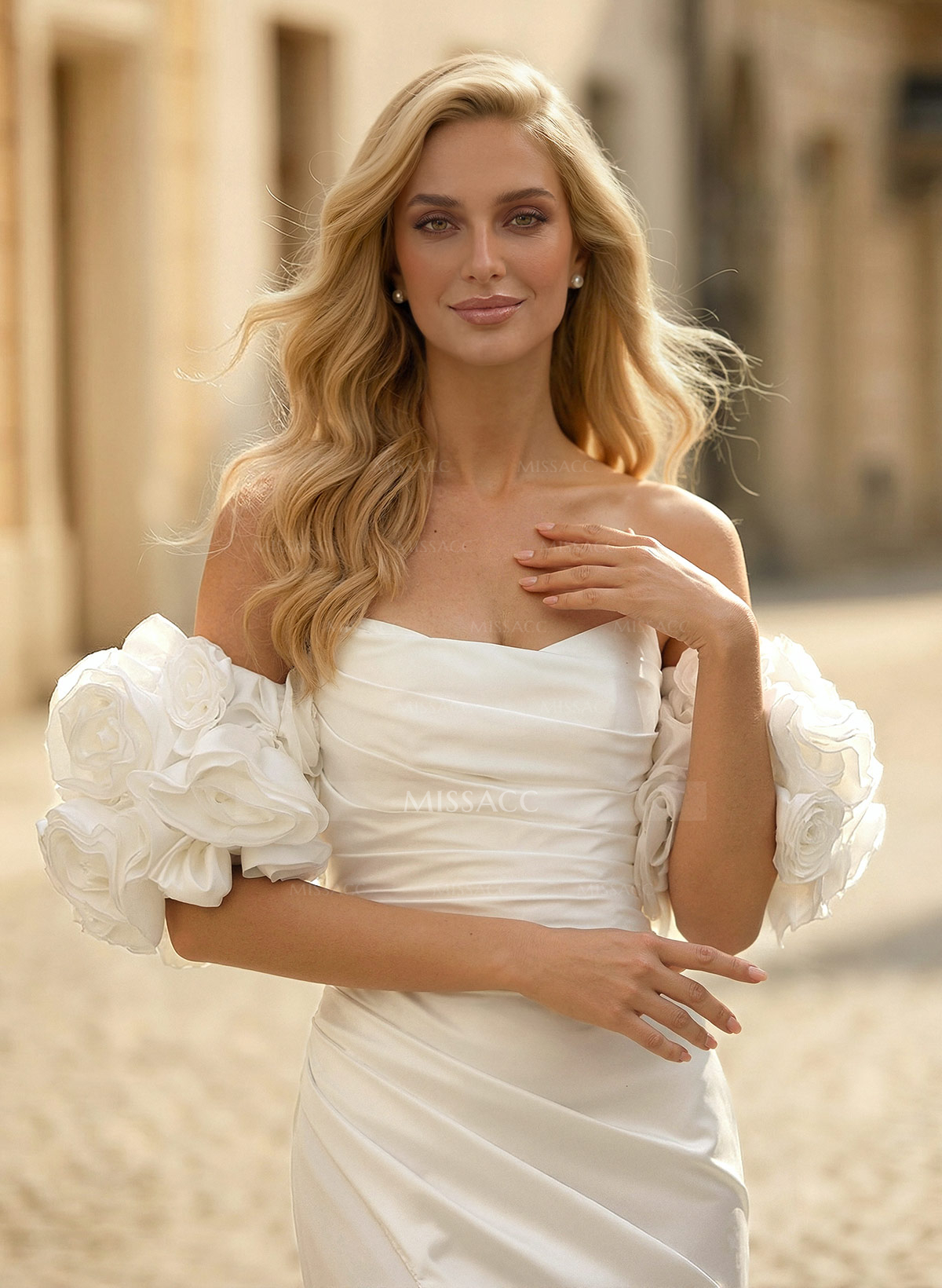 Trumpet Mermaid Sweetheart Detachable Sleeves Chapel Train Soft Satin Wedding Dresses With Pleated High Split