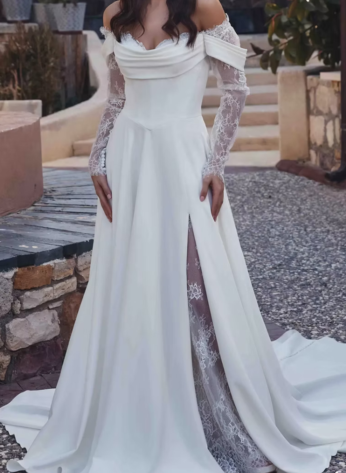 A-Line Sweetheart Long Sleeves Court Train Elastic Satin Wedding Dresses With Lace High Split