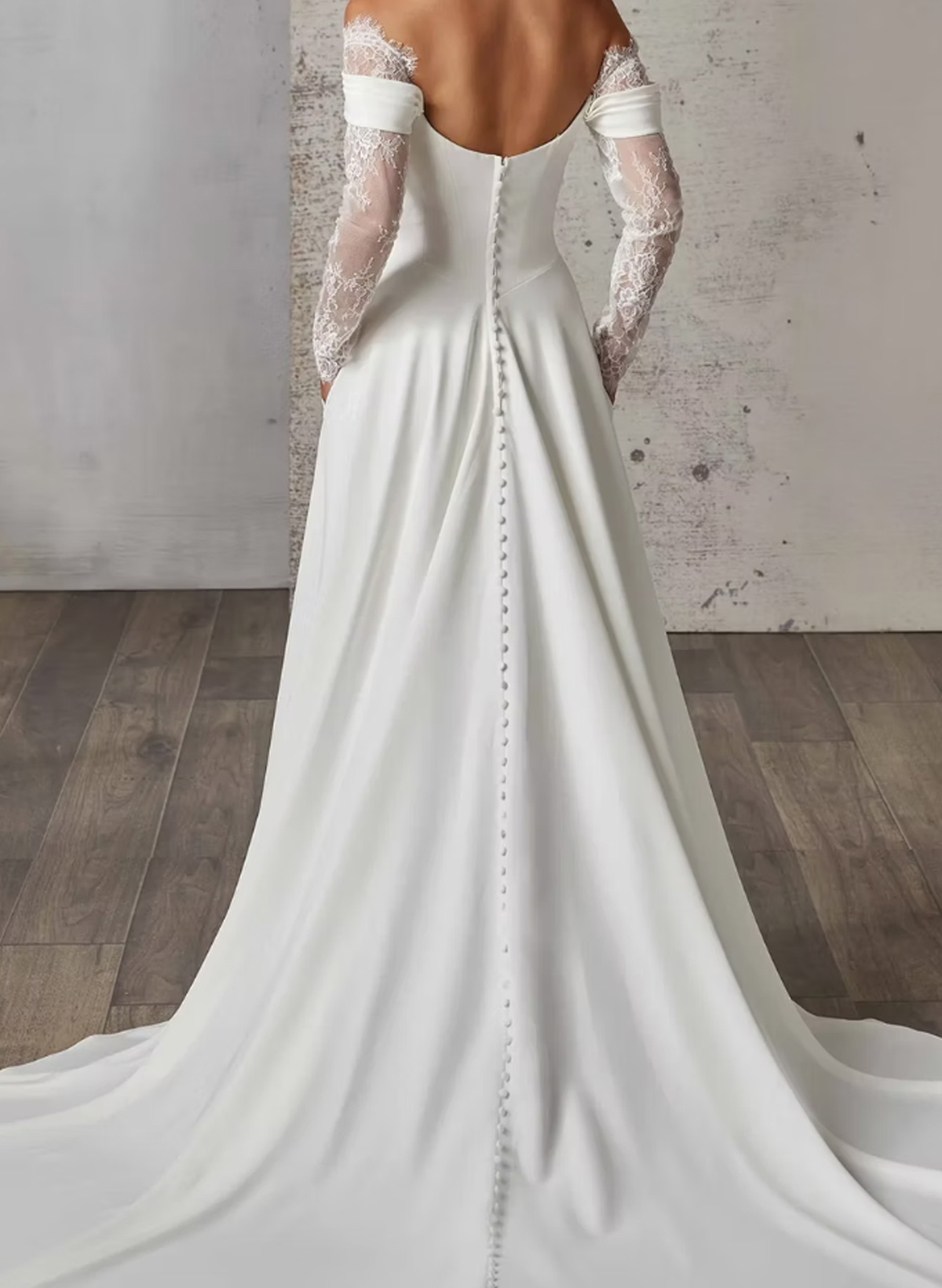 A-Line Sweetheart Long Sleeves Court Train Elastic Satin Wedding Dresses With Lace High Split