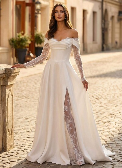 A-Line Sweetheart Long Sleeves Court Train Elastic Satin Wedding Dresses With Lace High Split