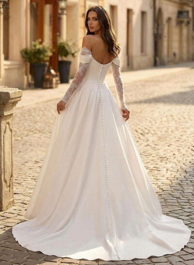 A-Line Sweetheart Long Sleeves Court Train Elastic Satin Wedding Dresses With Lace High Split