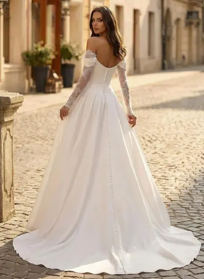 A-Line Sweetheart Long Sleeves Sweep Train Elastic Satin Wedding Dresses With Lace/High Split