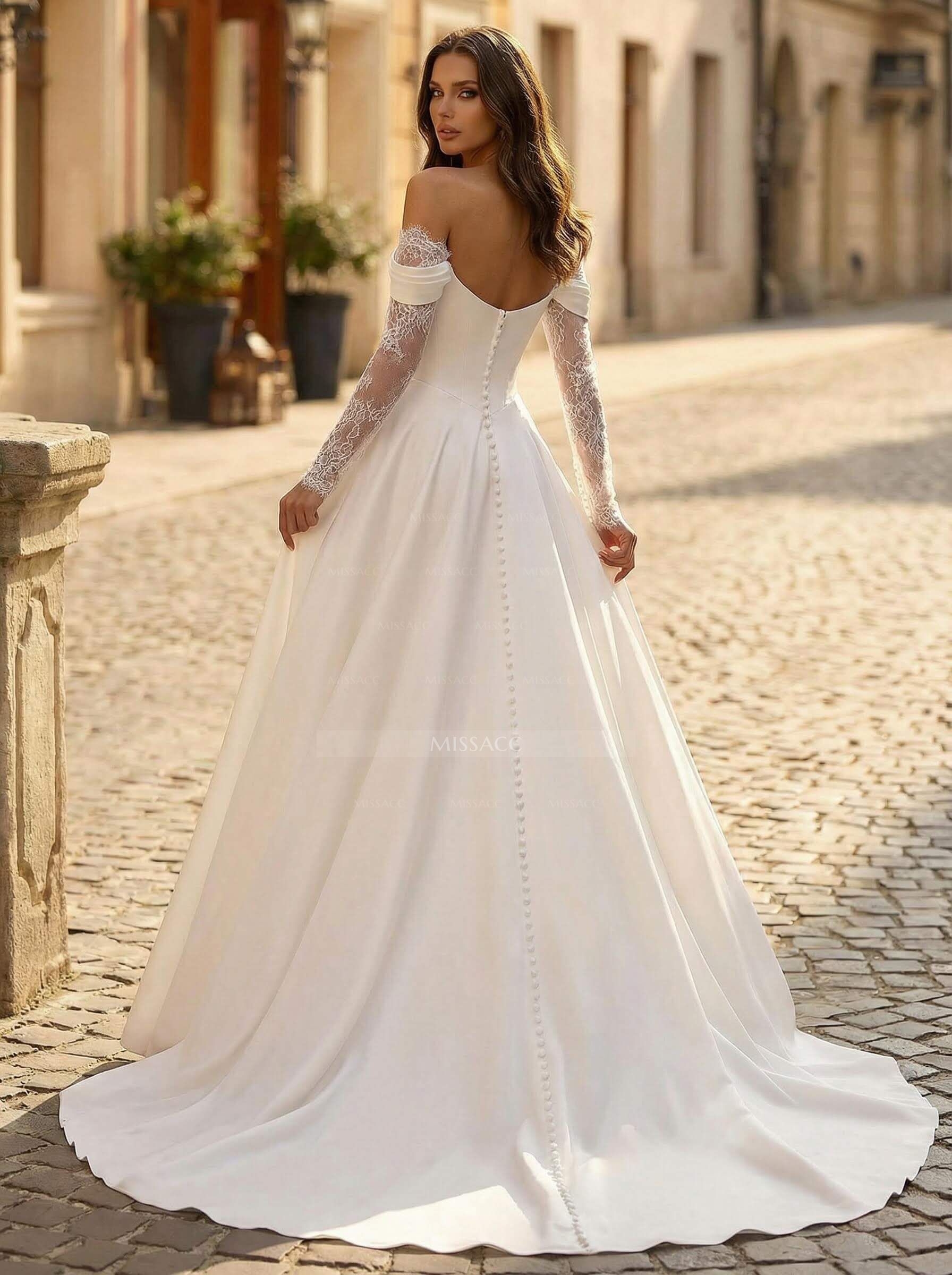 A-Line Sweetheart Long Sleeves Court Train Elastic Satin Wedding Dresses With Lace High Split