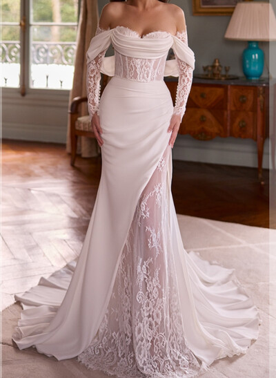 Trumpet/Mermaid Sweetheart Detachable Sleeves Sweep Train Stretch Chiffon Wedding Dresses With Lace/High Split