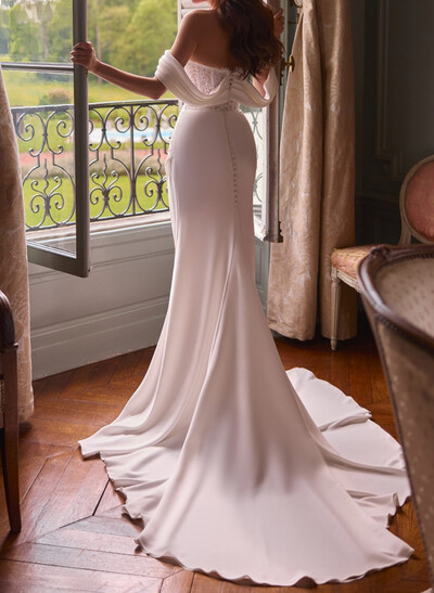 Trumpet/Mermaid Sweetheart Detachable Sleeves Sweep Train Stretch Chiffon Wedding Dresses With Lace/High Split