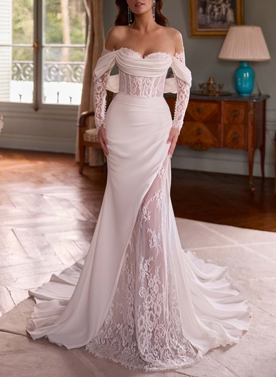 Trumpet/Mermaid Sweetheart Detachable Sleeves Sweep Train Stretch Chiffon Wedding Dresses With Lace/High Split