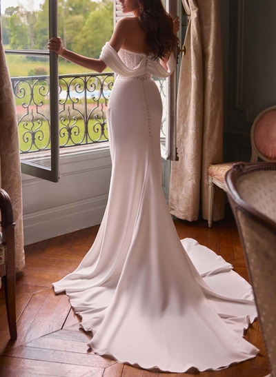 Trumpet/Mermaid Sweetheart Detachable Sleeves Sweep Train Stretch Chiffon Wedding Dresses With Lace/High Split