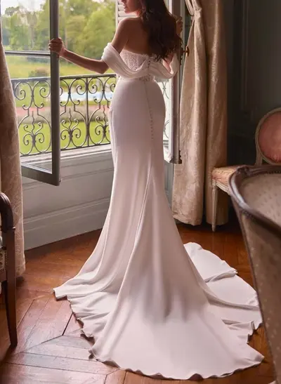 Trumpet/Mermaid Sweetheart Detachable Sleeves Sweep Train Stretch Chiffon Wedding Dresses With Lace/High Split