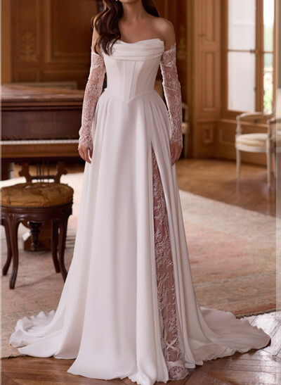A-Line Sweetheart Long Sleeves Sweep Train Lace Italian Satin Wedding Dresses With Lace High Split