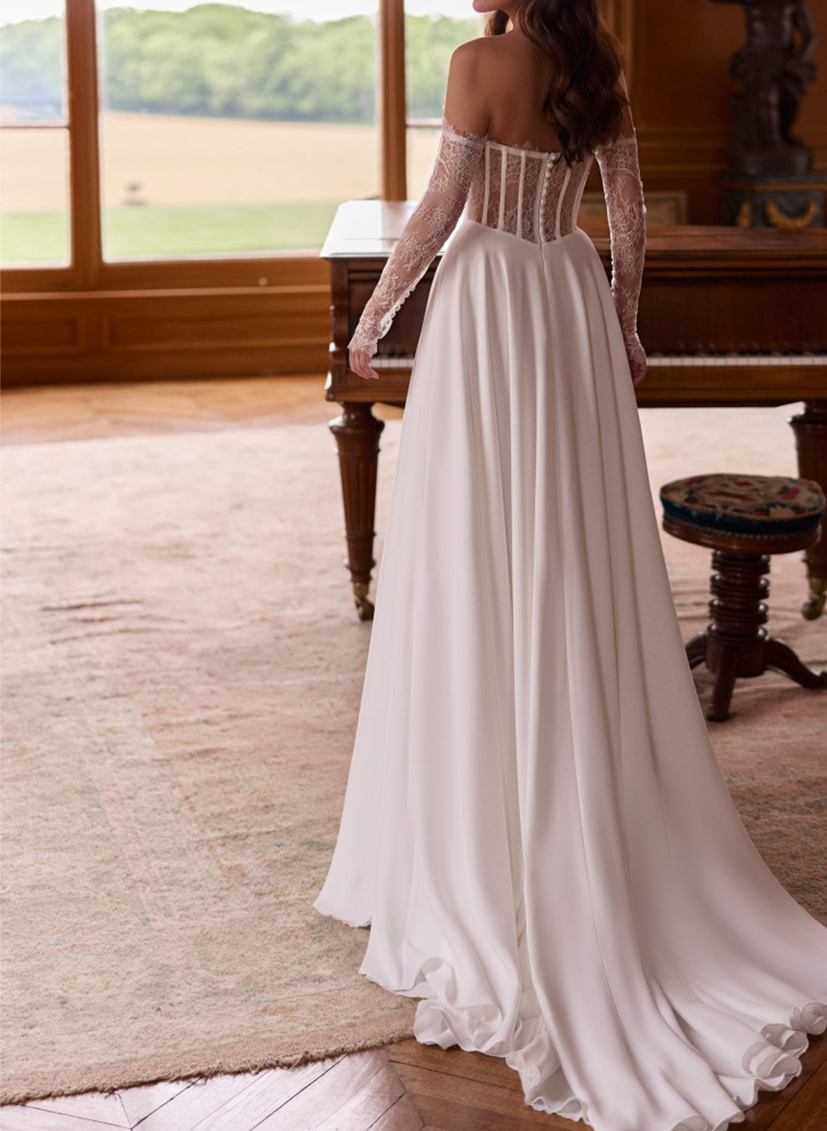 A-Line Sweetheart Long Sleeves Sweep Train Lace Italian Satin Wedding Dresses With Lace High Split