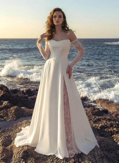 A-Line Sweetheart Long Sleeves Sweep Train Lace Italian Satin Wedding Dresses With Lace High Split